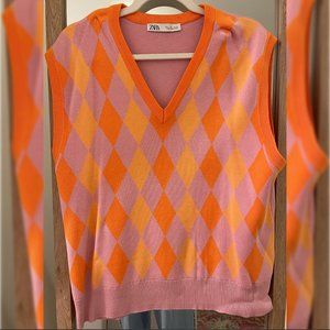 NEW Zara Orange Pink Argyle V Neck Sweater Vest Size Large